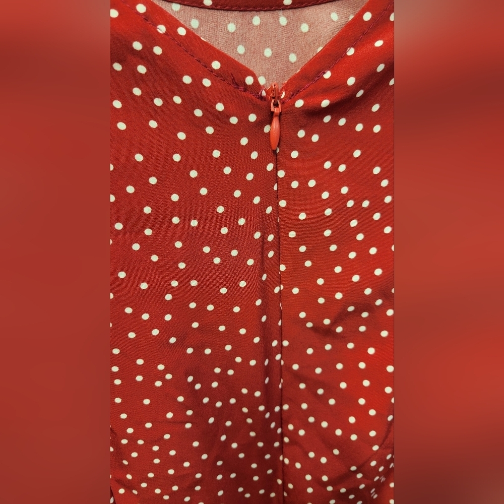 Zip Up Long Sleeve Red Polka Dot Tie Belted Pleated Skirt of Dress Medium - Picture 6 of 9